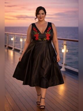 Liza Luxe Black Embroidered Rose Fit & Flare Midi Dress NWT XL